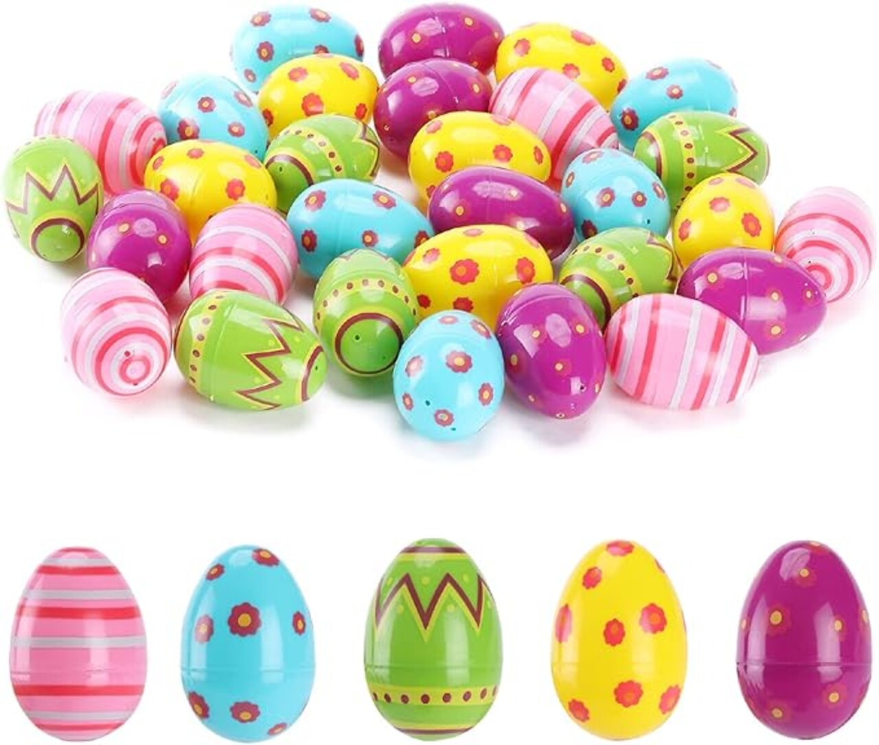 Printed Plastic Easter Eggs, 3 Inch, 30 Pack, Bulk Fillable Eggs for Easter Hunt Decor, Party Favor, Basket Stuffers, Classroom Prize, Supplies, Adult & Kid Party Toys for Gift